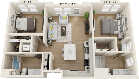 B2C Floor plan with 2 beds, 2 bath and is 1066 square feet