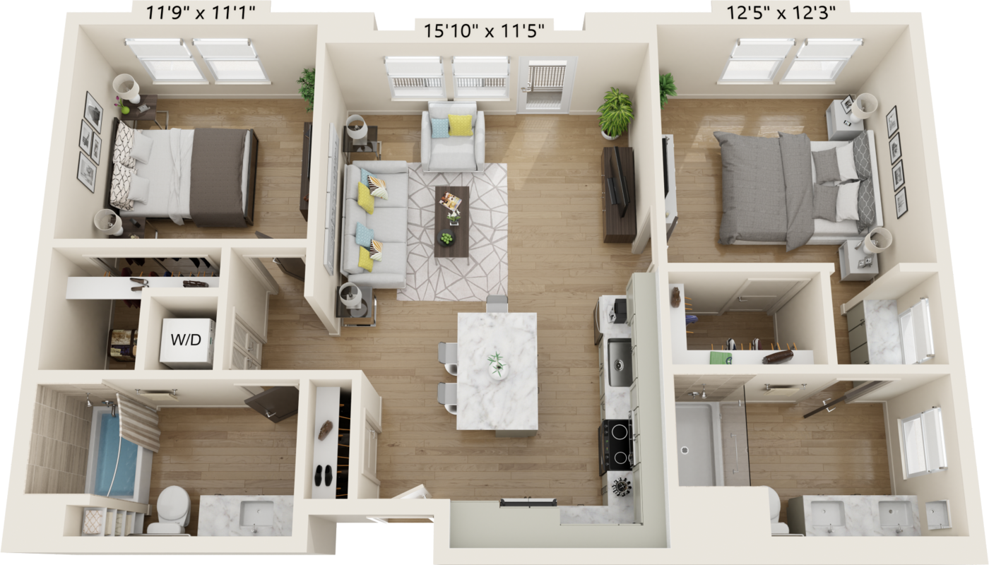 B2C Floor plan with 2 beds, 2 bath and is 1066 square feet