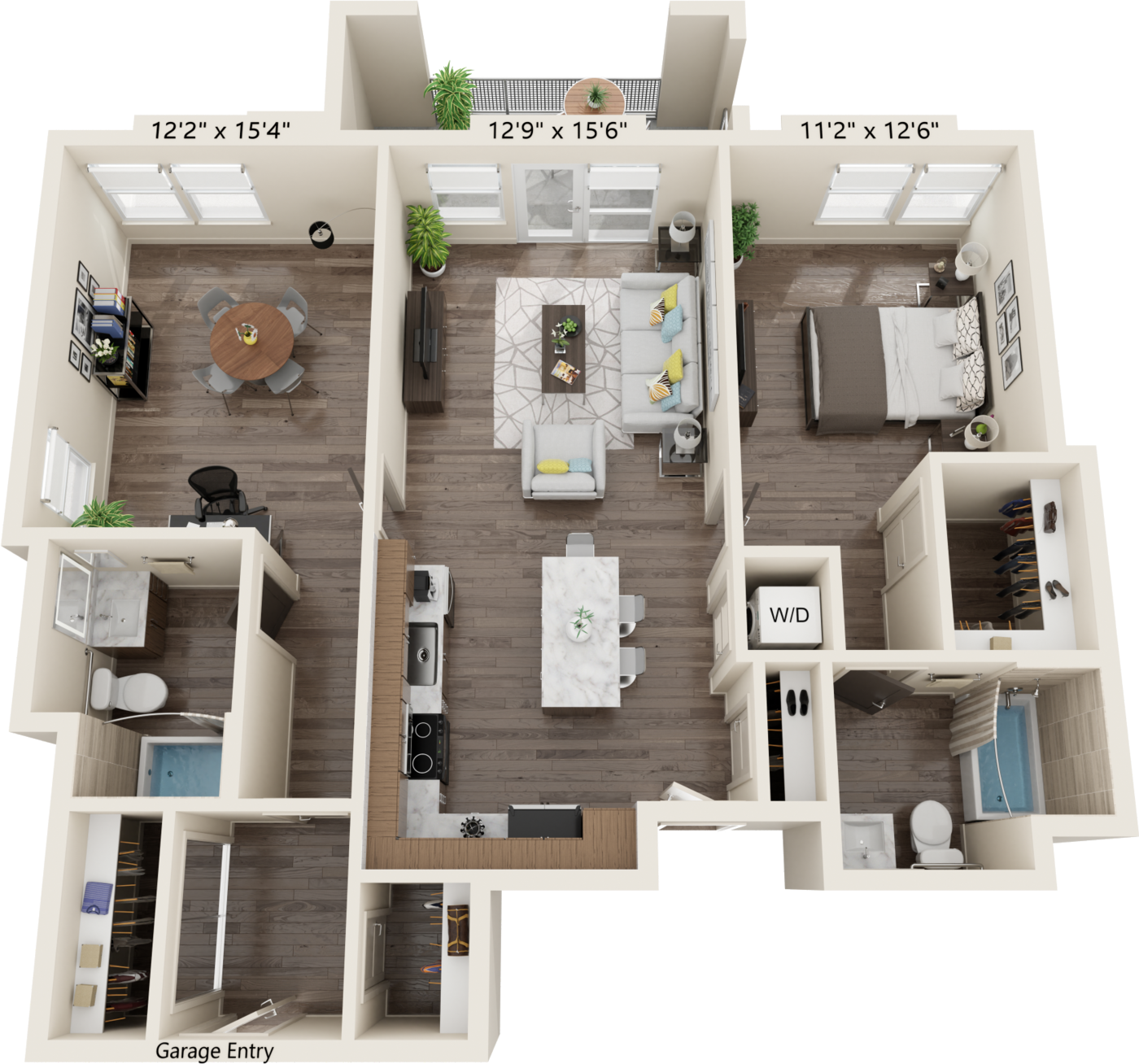 B2D Alt Floor plan with 2 bed, 2 bath and is 1115 square feet