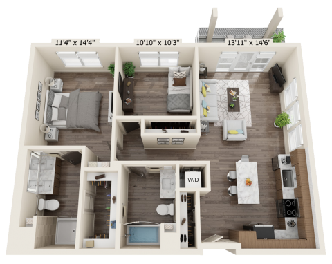 B2B flooring plan that is 2 bed, 2 bath and 1059 square feet
