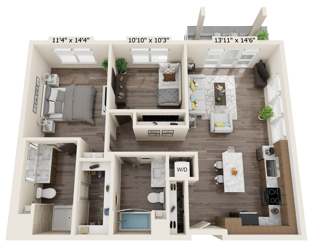 B2B flooring plan that is 2 bed, 2 bath and 1059 square feet