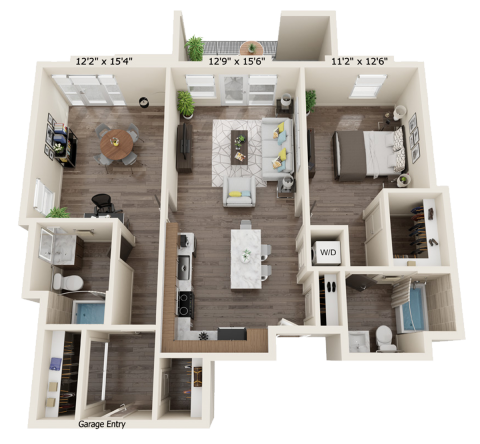 B2D floor plan with 2 bed, 2 bath and is 1115 square feet