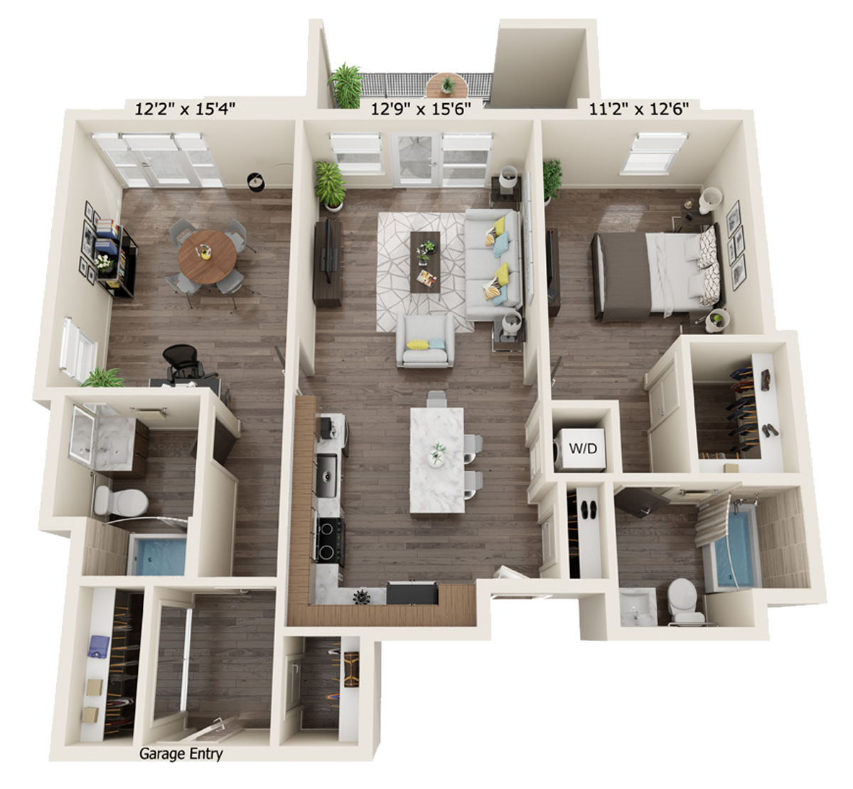 B2D floor plan with 2 bed, 2 bath and is 1115 square feet