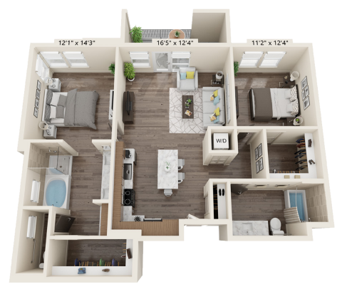 B2E floor plan 2 bed, 2 bath and is 1206 square feet