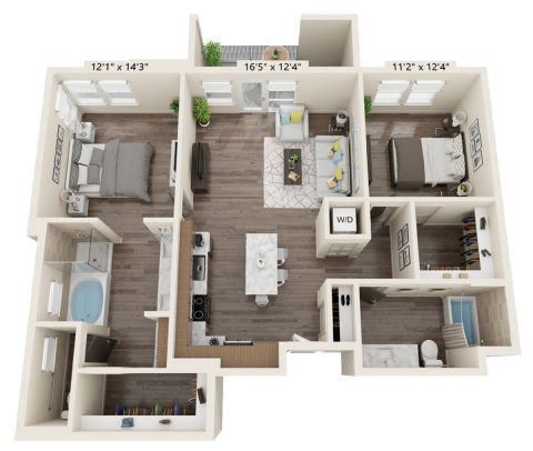 B2E floor plan 2 bed, 2 bath and is 1206 square feet