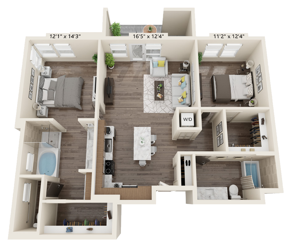 B2E floor plan 2 bed, 2 bath and is 1206 square feet